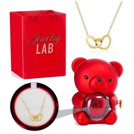 Teddy Bear with Eternal Rose and Engraved Necklace